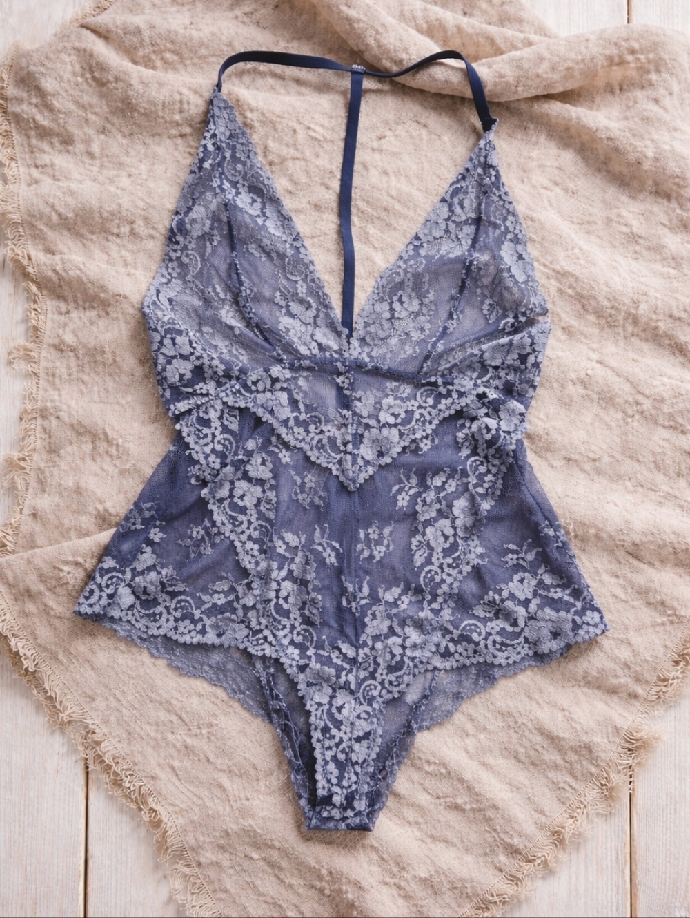 Free People Blue Lace Plunge Bodysuit